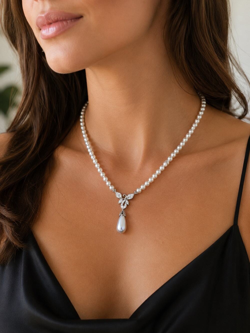 Vintage Faux Pearl CZ Sterling Silver Necklace 925 AU